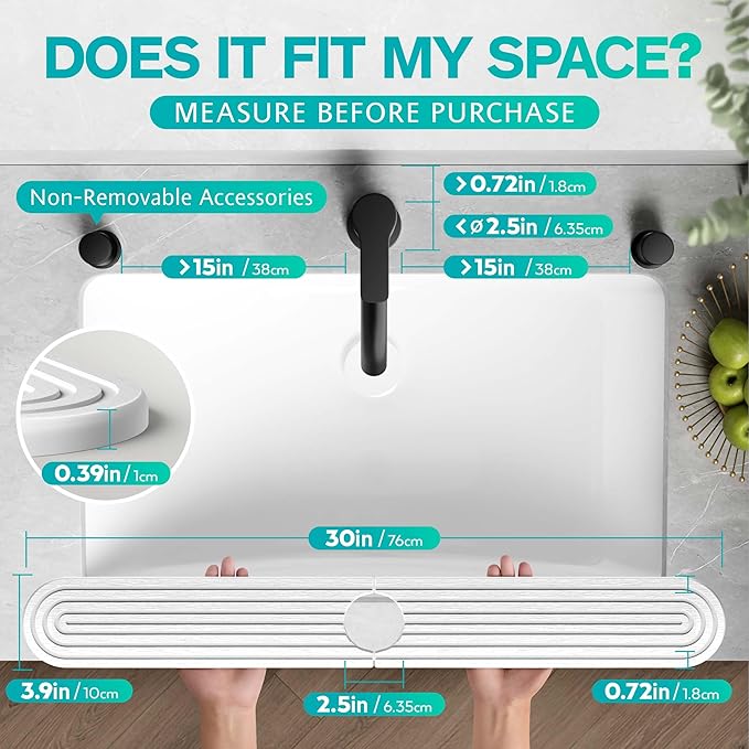 Stone Faucet Mat for Kitchen Sink – Diatomite Fast-Drying Stone Tray, Faucet Mat Sink Splash Guard, Decorative Sink Protector for Kitchen Bathroom Counter (Light Grey, 30''x3.9'')