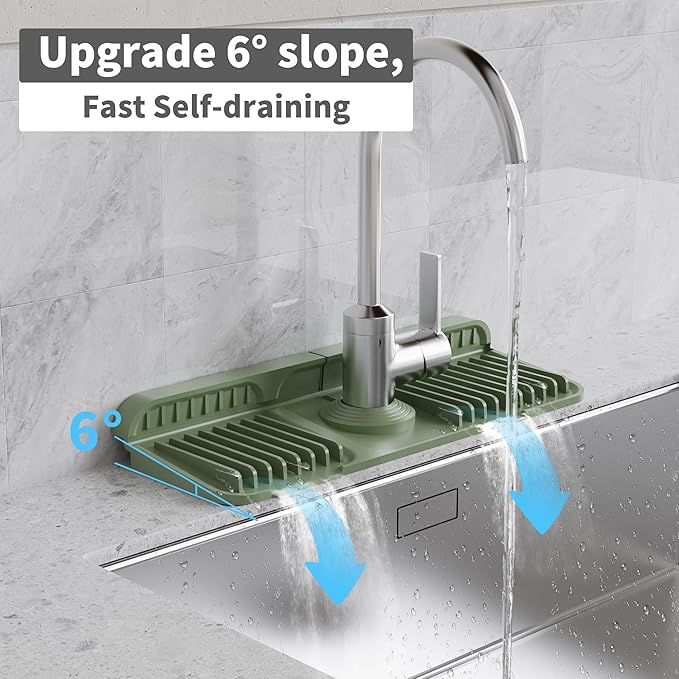 WAFT YEARN 14X5 Inch Silicone Durable Faucet Mat Kitchen Sink Splash Guard Draining Protector Tray Liner Absorbent Protective Counter Accessories For Sink Kitchen Bathroom Laundry Room Bar & RV Green