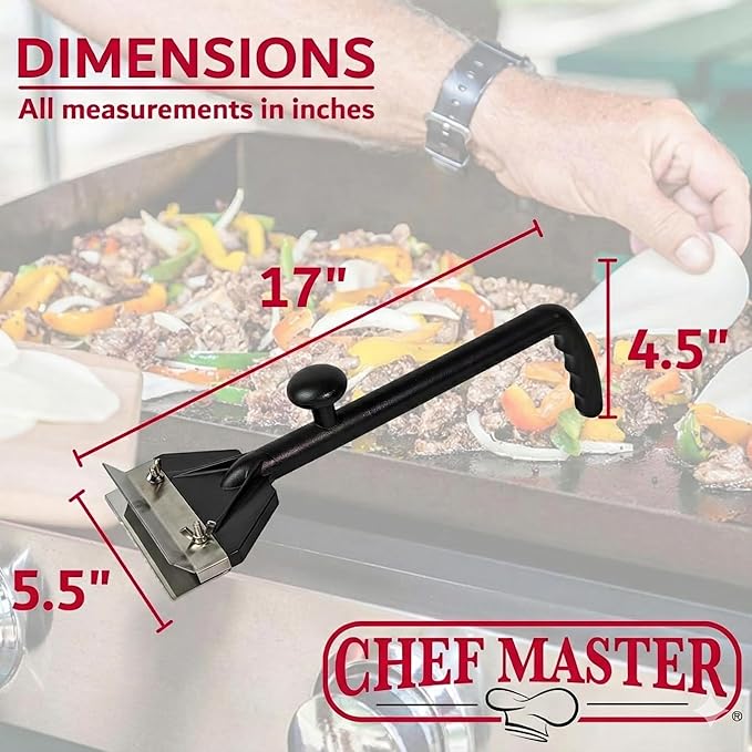 Chef Master Griddle Scraper Cleaning Kit Combo - Flat Top Grill Cleaner w/Replacement Blade & Scrubber - Griddle Cleaning Kit - Long Handle, Stainless Steel Flat Grill Scraper - 90254
