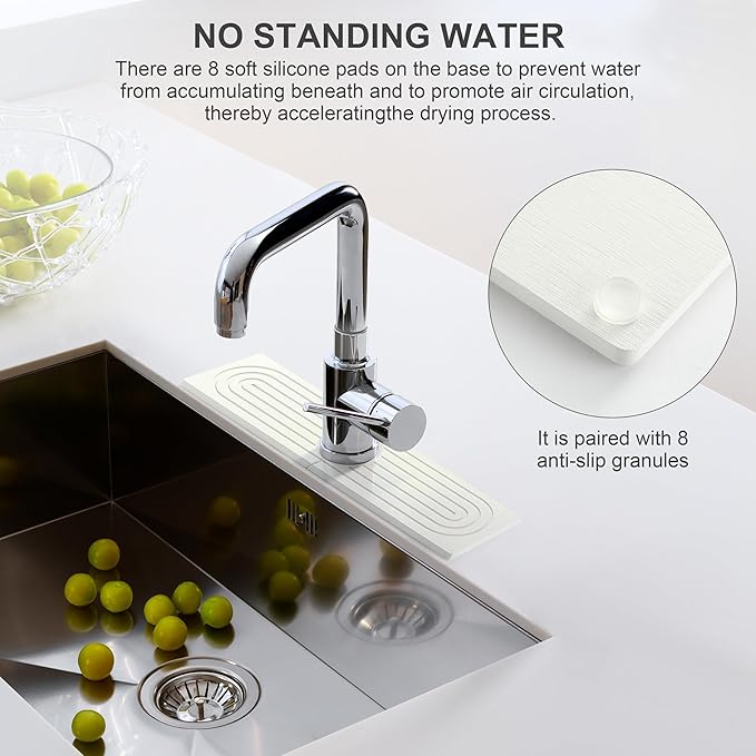 Faucet Mat for Kitchen Sink, Diatomite Fast Drying Stone Sink Tray, Super Absorbent, Prevents Moisture Buildup - Faucet Splash Guard for Bathroom Counter, Kitchen [White, 15.8" x 3.9"]