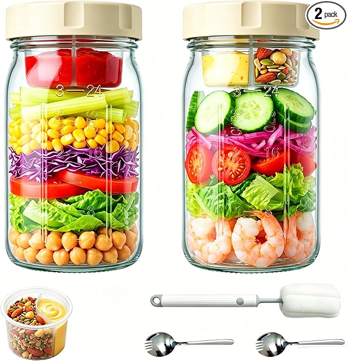 2 Pack Glass Salad Jars with Lids Meal Prep, 32oz Meal Prep Glass Salad Jars with 2 Stainless Steel Forks Wet/Dry Dressing Cups for Home, Office and Outdoor, 32oz Mason Jars