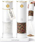 White Electric Salt and Pepper Grinder Set – Automatic Salt and Pepper Grinder Set with USB Rechargeable Design, One Touch Control, Adjustable Coarseness, LED Light, Sleek Stainless Steel Body