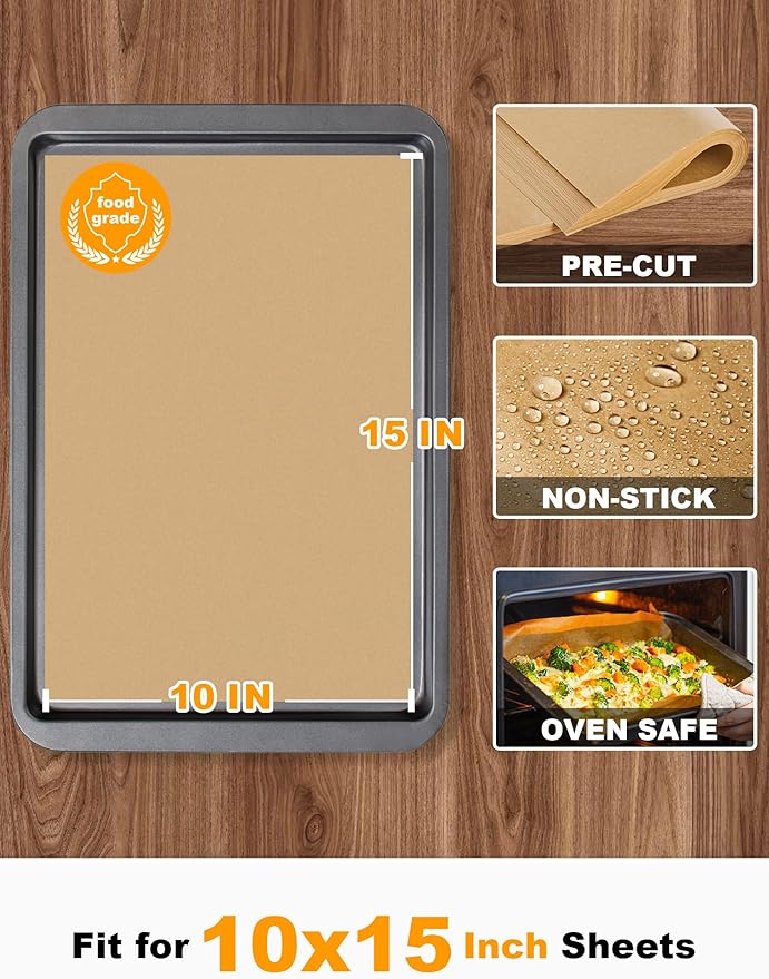 SMARTAKE 200 Pcs Parchment Paper Baking Sheets, 10x15 Inches Non-Stick Precut Baking Parchment, for Baking Grilling Steaming Bread Cup Cake Cookie and More (Unbleached)