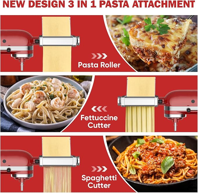 3 in 1 Pasta Attachment for KitchenAid Stand Mixer, All Metal Pasta Maker KitchenAid Attachment, Pasta Sheet Roller, Spaghetti Cutter, Fettuccine Cutter Maker Accessories and Cleaning Brush by Gvode