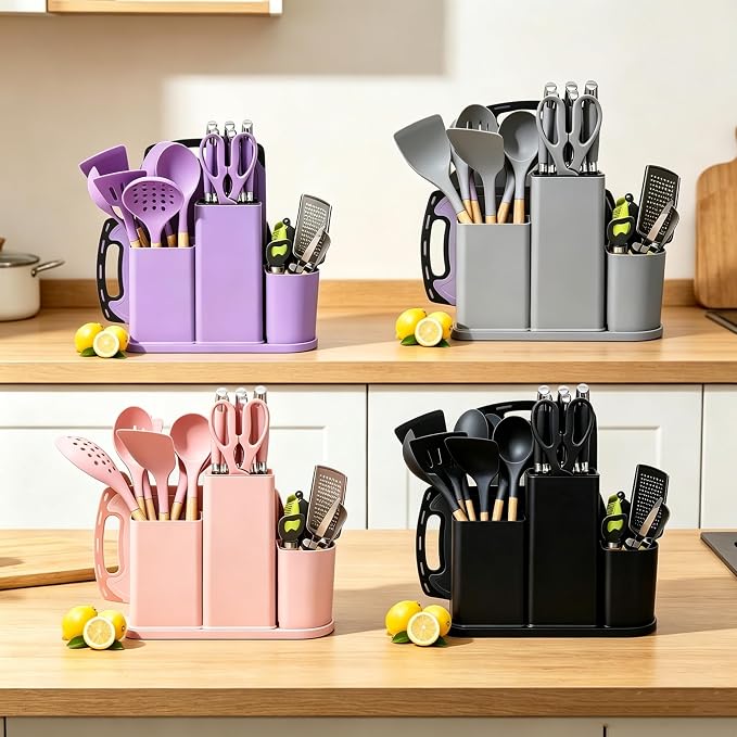Kitchen Utensils and Knives Set, 20PCS Knife and Cooking Spoon Tools Set with Storage Holder, Sharp Stainless Steel Knife Sets with Bread, Chef Knifee (Black)