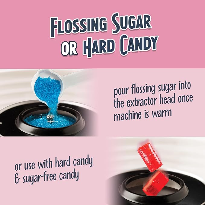 Nostalgia Countertop Cotton Candy Machine – Use Normal or Sugar-Free Candy or Flossing Sugar – Includes 2 Reusable Cones and Measuring Scoop – Pink