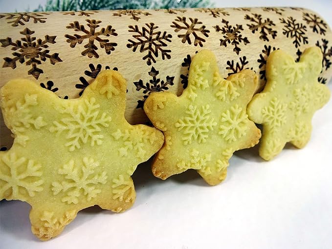 SNOWFLAKES Embossing Rolling Pin Laser Engraved Dough Roller for Christmas Gingerbread