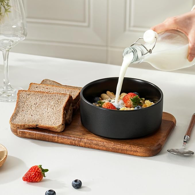Stoneware Cereal and Soup Bowls Set of 4, 6 Inch Matte Glaze Ceramic Bowls for Breakfast & Oatmeal, Microwave and Dishwasher Safe, Matte Black