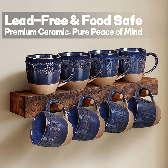 Artena Ceramic Coffee Mugs Set of 4, 16oz Embossed Large Latte Mugs Coffee Cups with Handle for Tea, Latte, Cappuccino & Cocoa, Milk Dishwasher & Microwave Safe, Blue (Wheat Leaf)