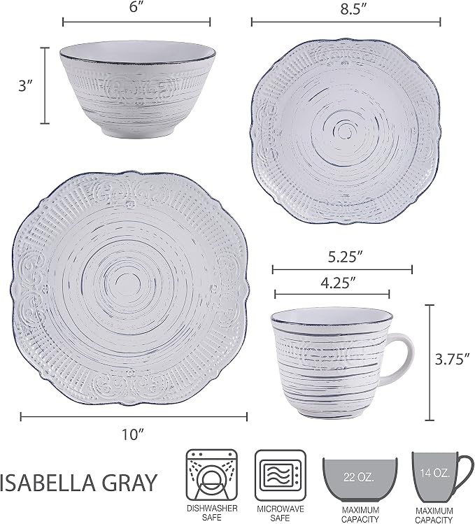 Pfaltzgraff Isabella 16-Piece Stoneware Dinnerware Set, Service for 4 - Handpainted Unique Glazed Finish - Includes Dinner Plates, Salad Plates, Bowls, Mugs - Dishwasher & Microwave Safe (Gray)