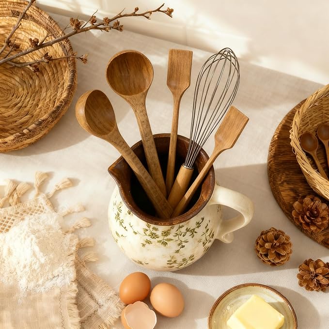 Ceramic Utensil Holder for Kitchen Counter, 6.1 Inch Vintage Farmhouse Rustic Cooking Utensil Holder, Modern Home Decor Countertop Organizer Crock for Flower Pot, Spoons & Kitchen Tools