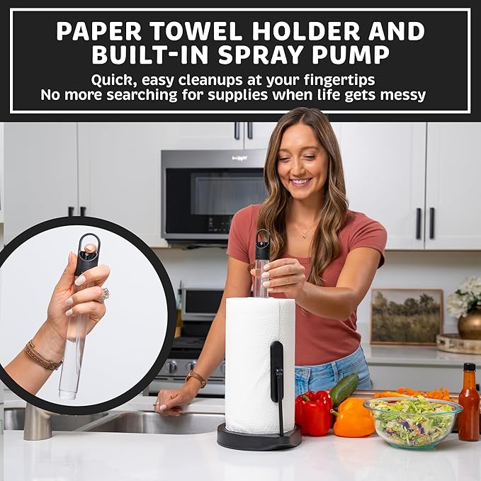 Stainless Steel Paper Towel Holder with Tension Arm and Spray Pump – One-Handed Tear, Smart Traction System, Heavy Duty Suction Cups, Weighted Base, Kitchen Towel Dispenser for Countertop Use (Black)