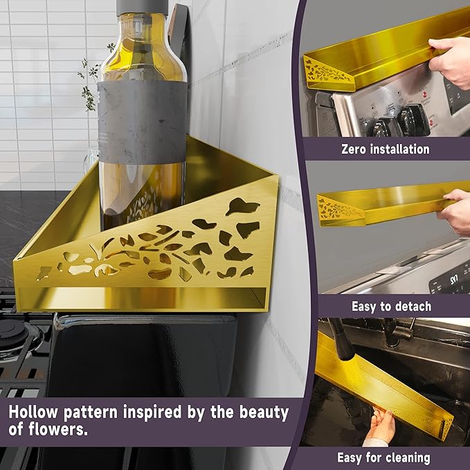STUTOV 30" Magnetic Stove Top Shelf – Brushed Gold Spice Rack and Seasoning Organizer – Kitchen Shelf for Back of Stove – Over Stove Rack and Storage Organizer