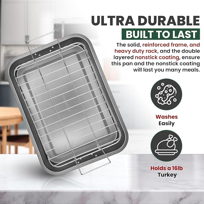 Large Roasting Pan With Rack 12” X 16” - Non Stick Large Roaster Pan and Flat Rack With Foldable Handles - Roasting Pans for Ovens to Elevate Food for Even Heating - Dishwasher Safe Turkey Roast Pot