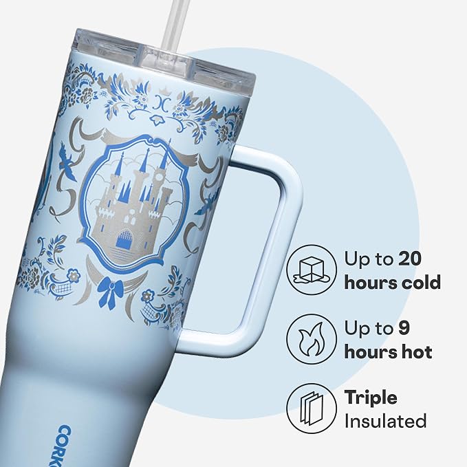 Corkcicle Cruiser Insulated Tumbler with Handle & Straw - Keeps Beverages Cold 20 Hours - Triple Insulated - Summer Drinkware Gift - Keeps Drinks Ice Cold - 40 oz - Princess Cinderella