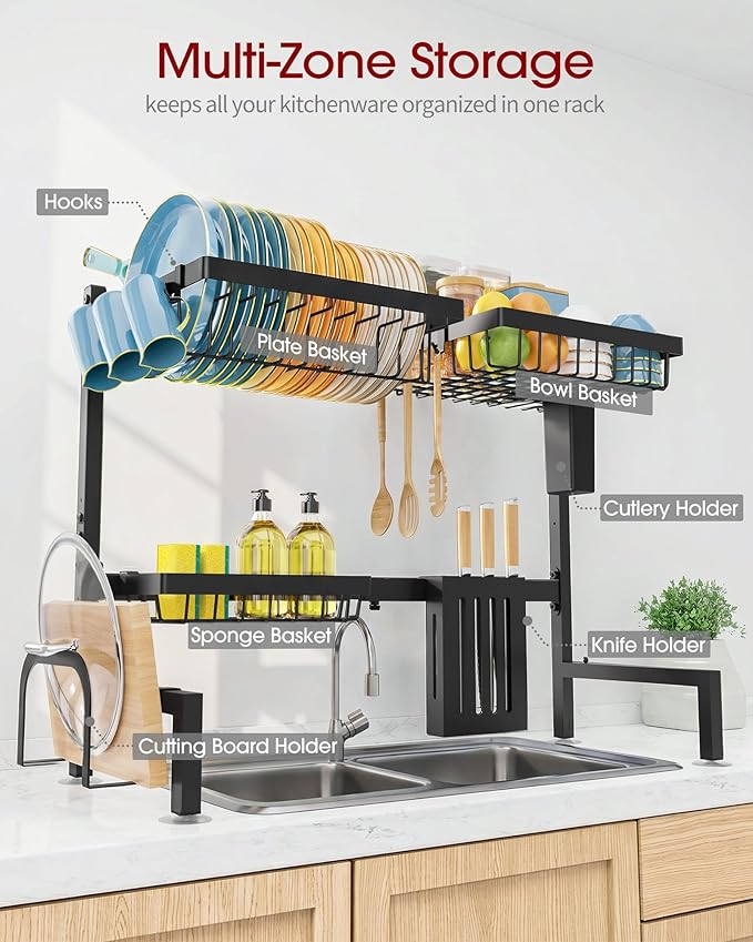 Sakugi Dish Drying Rack - Over the Sink Dish Drainer Drying Rack with Utensil & Knife Holder, Hooks, Stainless Steel Kitchen Organizers and Storage Solution, 11" D x 30.5"~34''W x 21.5" H, Black