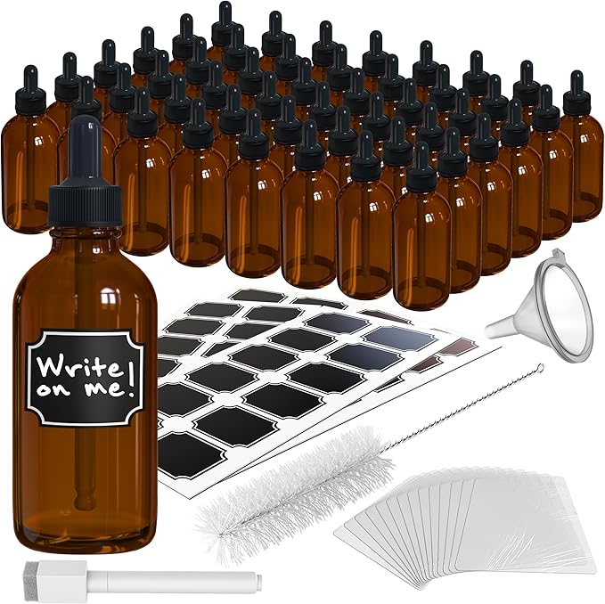 Nevlers 4 Oz Amber Glass Dropper Bottle 48 Pack | Set of Glass Tincture Bottles with Dropper, Funnel, Brush, Marker, Labels & Shrink Wrap | Amber Bottles with Eye Droppers for Liquids & Essential Oil