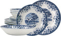 TUDOR ROYAL 12-Piece Porcelain Round Dinnerware Set, Service for 4, WINDMILL BLUE Design, Blue Floral, Plates Bowls Dishes, Premium Quality Tableware, Unique Pattern, Glossy