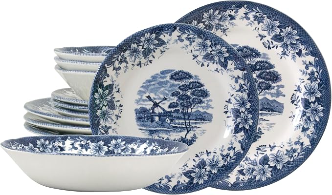TUDOR ROYAL 12-Piece Porcelain Round Dinnerware Set, Service for 4, WINDMILL BLUE Design, Blue Floral, Plates Bowls Dishes, Premium Quality Tableware, Unique Pattern, Glossy