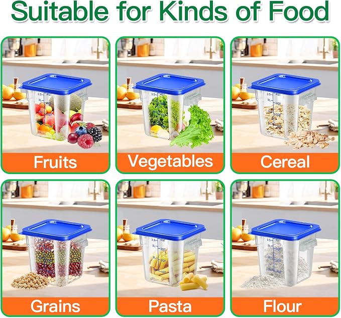 4 pcs 4qt Food Storage Containers with Lid, Square Clear Commercial Food Storage Containers with Handle and Scale for Food Storage in Home Kitchen & Dining (Blue)