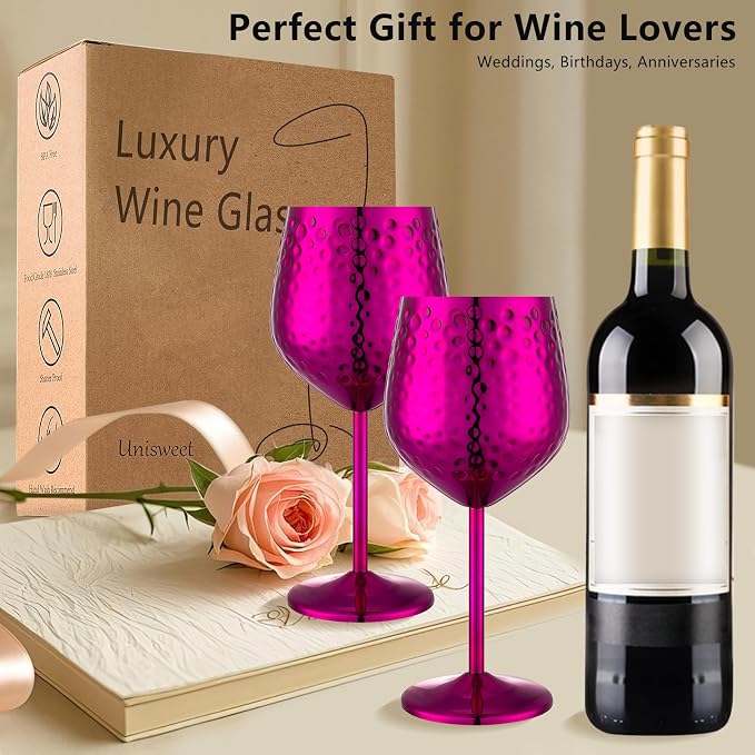 UNISWEET Stainless Steel Wine Glasses Set of 4 Unbreakable (Purple) | 17 oz Large-capacity Hammered Goblets, Lightweight & Reusable, Good for Outdoor, Camping, Pool Travel, Gift for Wine Lovers