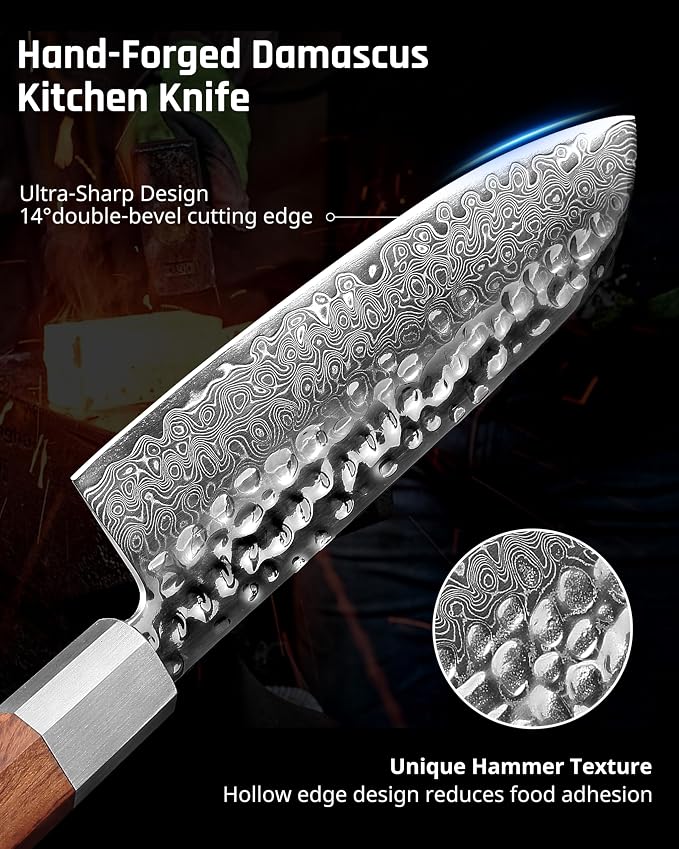 YOTSUBA 7" Damascus Japanese Santoku Chef Knife – Forged High Carbon Stainless Steel (60±2 HRC) – Ultra Sharp & Long-Lasting – Pro Chef Knife with Ergonomic Natural Hardwood Handle – Gift for Kitchen