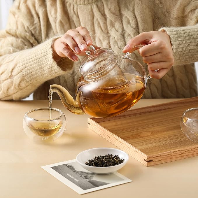 CNGLASS 5.4oz (6-pack) Double Wall Glass Mugs 33.8oz Glass Teapot Stovetop Safe