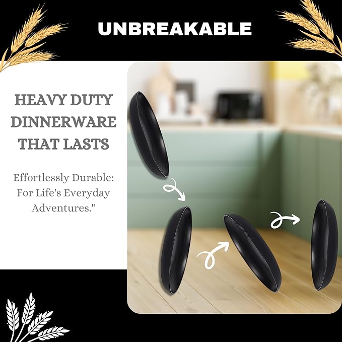 ECOSTAR Wheat Straw Dinnerware Sets Unbreakable Plates Bowls and Cups Reusable Utensils Dishwasher Microwave Safe Bowls and Plates Sets (Black)