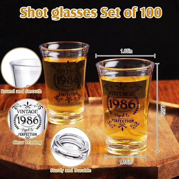 LemonRoad 100 Set 40th Birthday Party Favor for Guest Bulk, 1.4oz Plastic Shot Glasses Cup, Cheers to 40/50/60/70/80 Years Beer Bottle Opener Keychain Thank You Card Gift Bag for Souvenir Party Gift