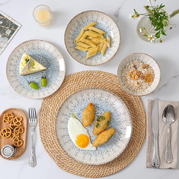 DOMICREVERY Ceramic Dinnerware Sets for 6, 24 pcs Plates and Bowls Sets, Blue Branch