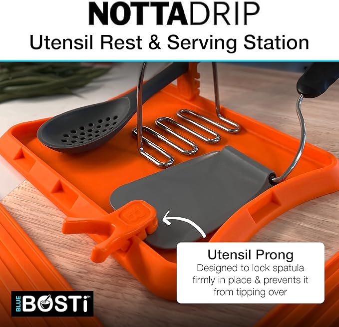 Nottadrip Silicone Spoon Rest for Stove Top - Kitchen Spoon Rest for Countertop, Ladle Holder, All in 1 Serving Station, Elevate Handles, Drip to Tray, Mess Free - 5PC Trivet Set - Orange