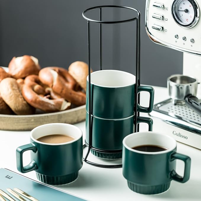 Miamolo Stackable Coffee Mugs Set of 4 with Holder Spoons 11oz Ceramic Cappuccino Cups for Espresso Latte Tea Drinks, Father's Day,Dishwasher & Microwave Safe, Green