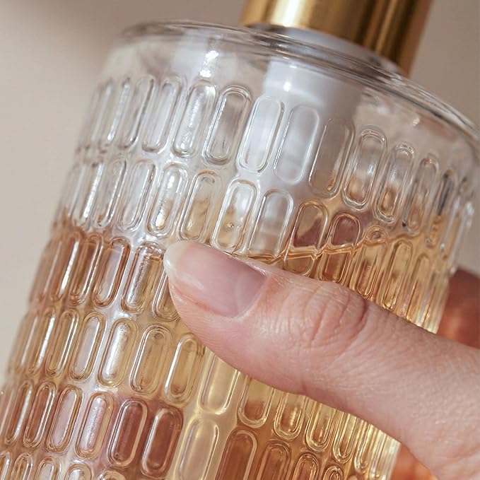 Elegant Fluted Glass Soap Dispenser with Stainless Steel Pump, 17oz Vintage Art Deco Style Clear Ribbed Glass Bottle for Bathroom, Dish Soap Dispenser for Kitchen (Gold Pump)