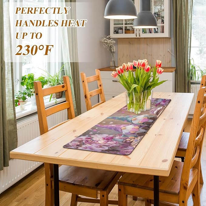 2 in 1 Table Runner Trivet for Hot Pots and Pans Heat Resistant Non Slip Waterproof 39 x 12 Inch Decorative Table Protector for Kitchen Countertop Valentines Gnomes Hearts Flowers Purple