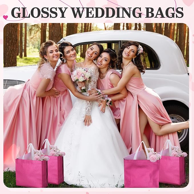 Eccliy Reusable Gift Bags Set Glossy Grocery Gift Tote Bag with Handle for Wedding, Bridal Shower, 4th of July, Summer Event(12 x 11 x 4.7 I Inch,Hot Pink,80 Pcs)