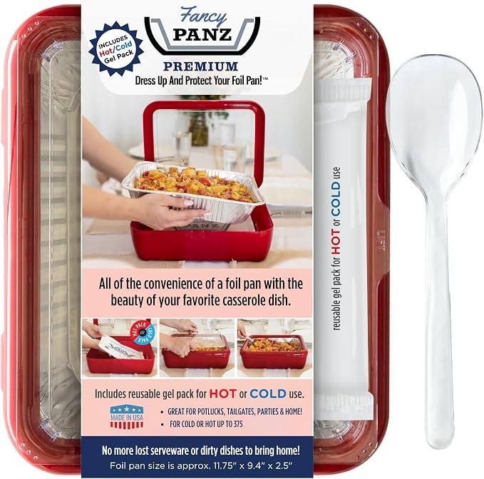 Fancy Panz Red Premium Aluminum Foil Pan Carrier with Secure Latch Lid & Hot/Cold Gel Pack - Made in USA Reusable Casserole Carrier for Half Size Pans - Food Transport Holder for Entertaining