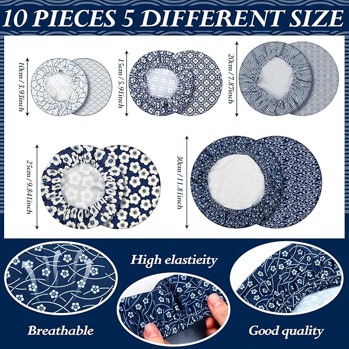 Patelai 10 Pcs Bowl Covers Reusable in 5 Size Stretch Cloth Fabric Elastic Food Storage Bowl Covers Bread Sourdough Lids for Proofing Food Fruits Leftover(Blue White,Geometric Style)