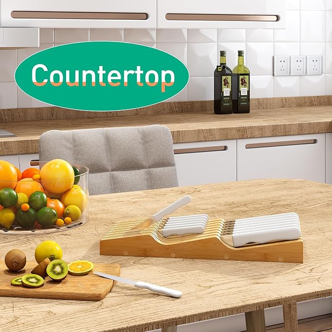 Large Knife Drawer Organizer Insert, Bamboo Wood Knife Holder, Knife Block Hold up To 15 Knives
