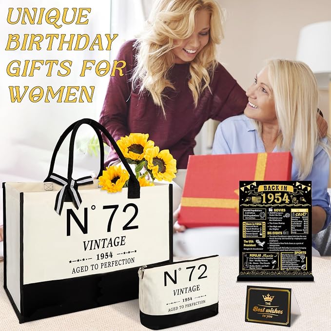 YeohJoy 72nd Birthday Gifts for Women Canvas Tote Bag Travel Gear, Unique 72 Years Old Gifts for Wife Mom Sister Aunt Friends Her, Vintage N°72 Handbag & Cosmetic Bag & Back in 1954 Poster