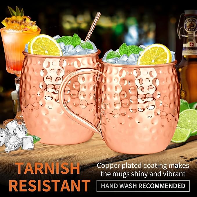 Moscow Mule Copper Plated Mugs Moscow Mule Cups Kit 19oz Set of 4 with Handle Large Hammered Stainless Steel Cups with 0.5oz Double Jigger, Stainless Steel Straws for Cold Drinks Cocktails Wine
