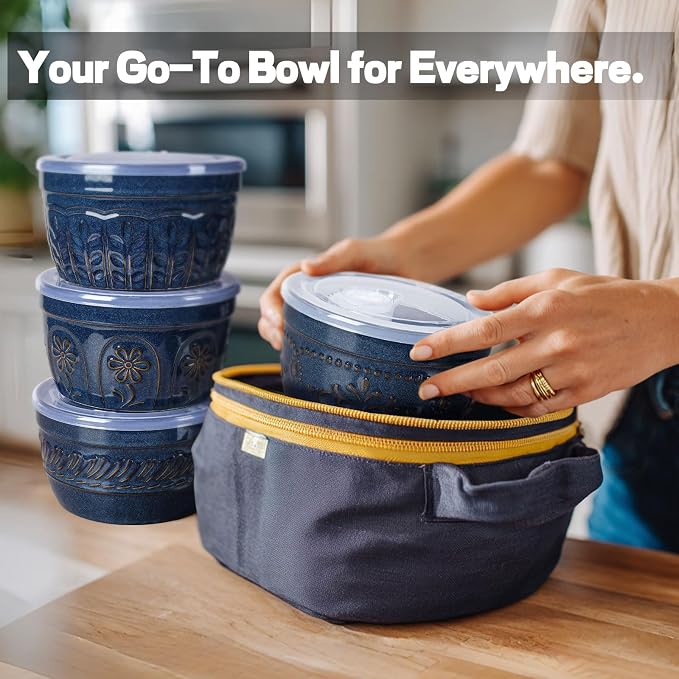 Artena Meal Prep Containers 22 OZ, 4 Pack Snack Containers, Reusable Food Storage Containers With Lids For Soup Yogurt Oatmeal Lunch Breakfast, Ceramic Cereal Bowls (Blue, Damask Floral)