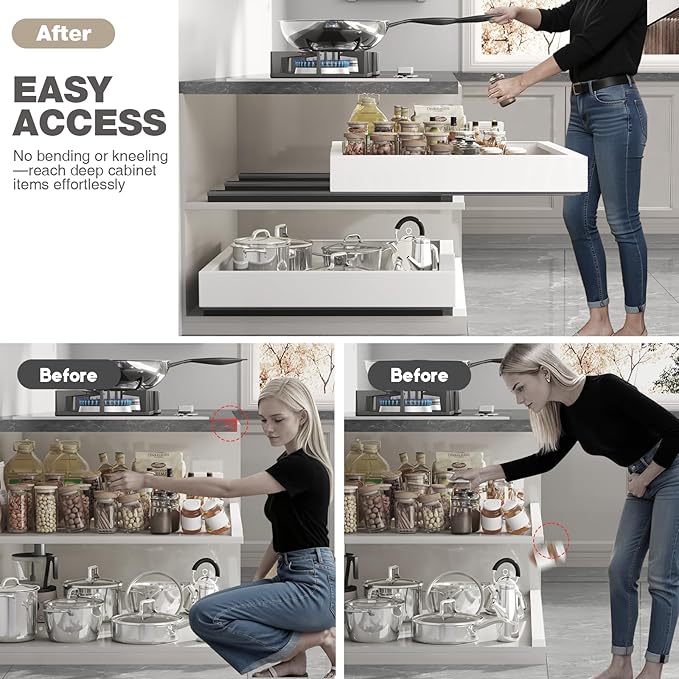 Seinloes 1 Pack Pull Out Cabinet Organizer 21" Deep,Full Extension 3 Slide Rails Slide Out Drawers With Raising Pad for Framed Cabinets,Expandable Width (15.4"-26.2"),No Drill Roll Out Shelves,White