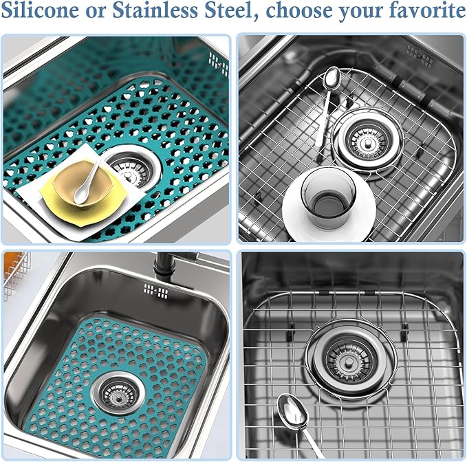 Silicone Sink Protector for Kitchen Bathroom Sink, 2 Pack 13.58"x 11.6" Heat-resistant Mat, Non-Slip and Durable Silicone Protectors, Center Drain (Green)