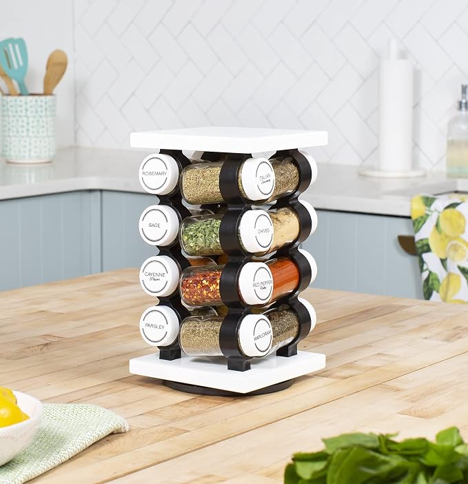 Orii 16 Jar Rotating White Spice Rack | Spices Included, 5-Year Spice Refill Program, Compact Countertop, Glass Jars