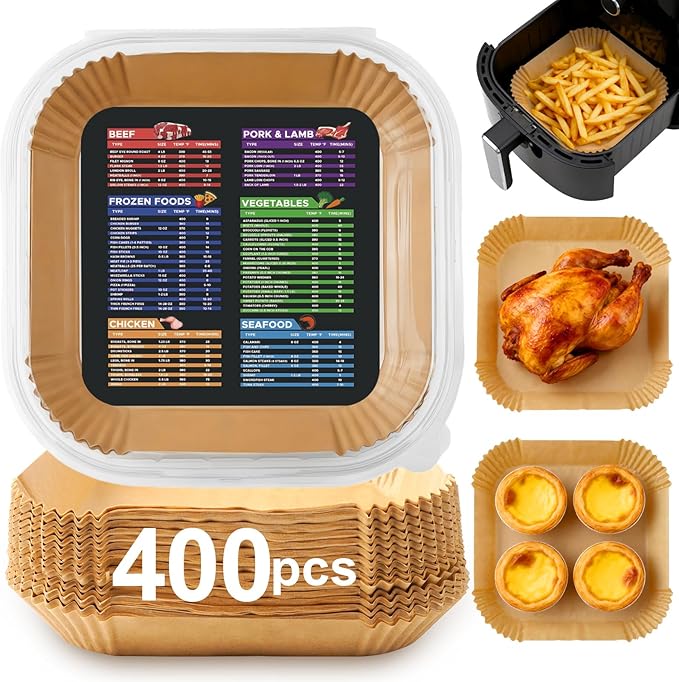 400 Pcs Air Fryer Liners Disposable, 8” Square Unbleached Heavy Duty Air Fryer Paper Liners, Parchment Paper for 5-8 qt Airfryer Basket, Non-Stick & Non-Leak Airfryer Liners for Deep Fryer Accessories