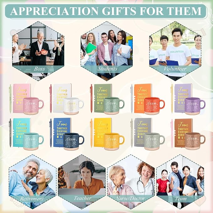 Didaey 10 Sets Team Appreciation Gifts Set 13oz Pastel Inspirational Ceramic Coffee Mugs A6 Leather Notebooks Ballpoint Pens Bulk Thank You Gifts for End of Year Teacher Team Members Coworker Staff