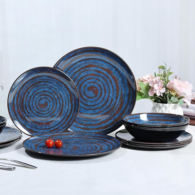 Melamine Dinnerware Set, 12-Piece Plates and Bowls Set, Blue Threaded Plastic Dishes Set, Service for 4, BPA-Free, Dishwasher Safe