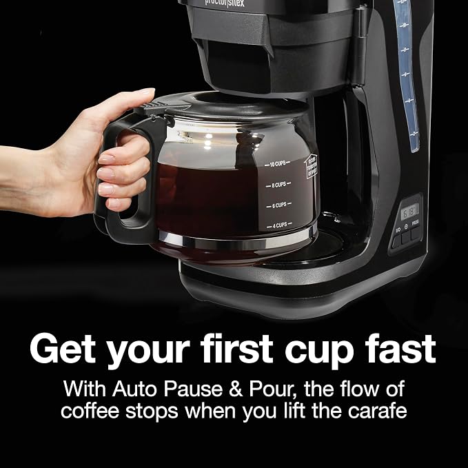 Proctor Silex Digital & Programmable FrontFill 12 Cup Drip Coffee Maker | Glass Carafe | Compact | Auto Shutoff | Black & Silver | 43685PS