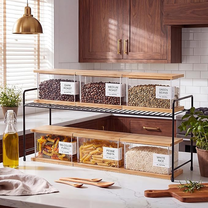 6 Pack Square Acrylic Pantry Storage Containers with Lid Cereal Containers Storage with 144 Pantry Labels, 100oz Small Spice Jars with Airtight Bamboo Lids and Spoon for Sugar, Cereal, Spice
