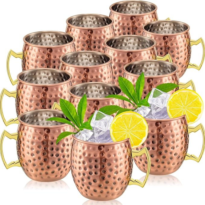 Tessco 12 Pcs Moscow Mule Mugs 16 oz Copper Mugs Kit 304 Hammered Copper Plated Stainless Steel Mule Cups for Cold Drinks Coffee Beer Wine Chilled Drink(Trendy Style,Rose Gold)